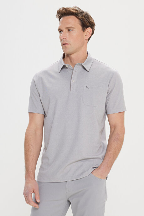 Comfort Fit Rahat Kesim Polo Yaka Pamuklu Kısa Kollu Gri Tişört resmi