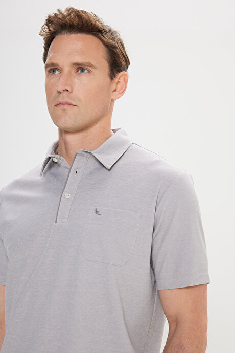 Comfort Fit Rahat Kesim Polo Yaka Pamuklu Kısa Kollu Gri Tişört resmi