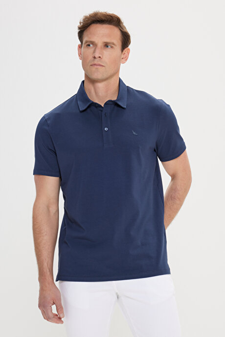 %100 Pamuk Polo Yaka Slim Fit Dar Kesim Lacivert Tişört resmi
