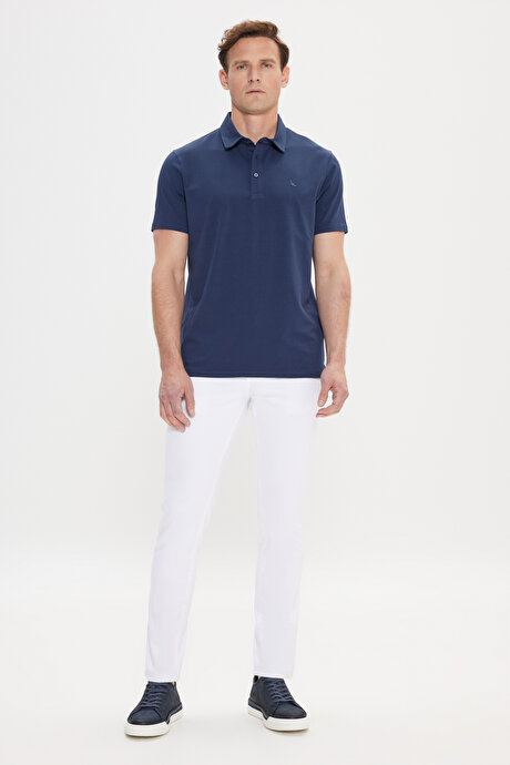 %100 Pamuk Polo Yaka Slim Fit Dar Kesim Lacivert Tişört resmi