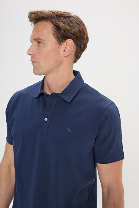 %100 Pamuk Polo Yaka Slim Fit Dar Kesim Lacivert Tişört resmi