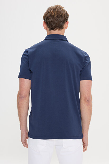 %100 Pamuk Polo Yaka Slim Fit Dar Kesim Lacivert Tişört resmi
