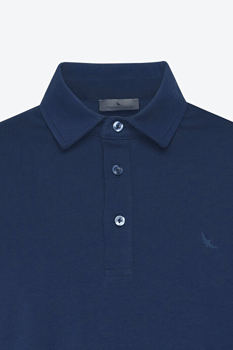 %100 Pamuk Polo Yaka Slim Fit Dar Kesim Lacivert Tişört resmi