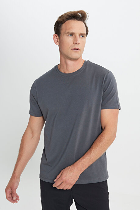 Standart Fit Normal Kesim Bisiklet Yaka Pamuklu Antrasit Tişört resmi