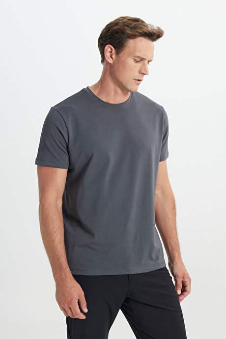 Standart Fit Normal Kesim Bisiklet Yaka Pamuklu Antrasit Tişört resmi