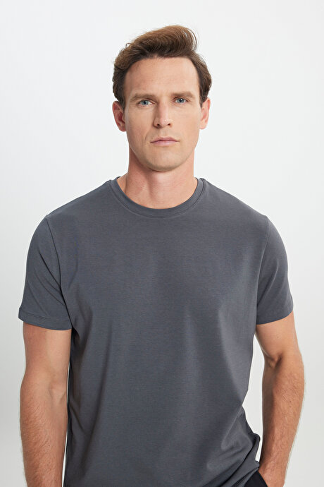 Standart Fit Normal Kesim Bisiklet Yaka Pamuklu Antrasit Tişört resmi