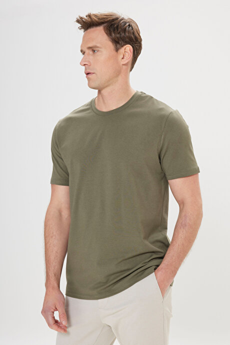 Standart Fit Normal Kesim Bisiklet Yaka Pamuklu Haki Tişört resmi