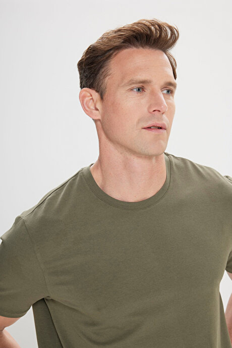 Standart Fit Normal Kesim Bisiklet Yaka Pamuklu Haki Tişört resmi