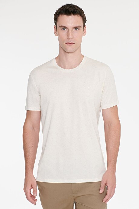 Pamuklu Keten Slim Fit Dar Kesim Bisiklet Yaka Bej Melanj Tişört resmi
