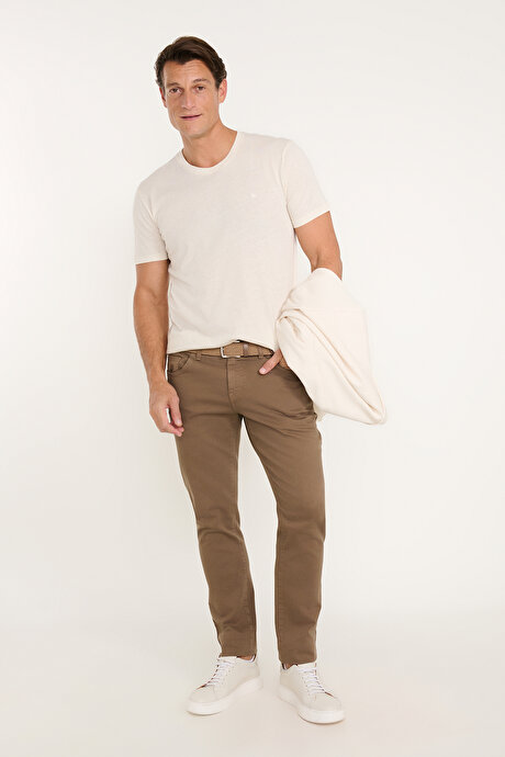 Pamuklu Keten Slim Fit Dar Kesim Bisiklet Yaka Bej Melanj Tişört resmi