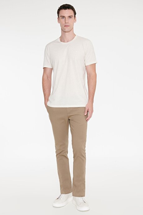 Pamuklu Keten Slim Fit Dar Kesim Bisiklet Yaka Bej Melanj Tişört resmi