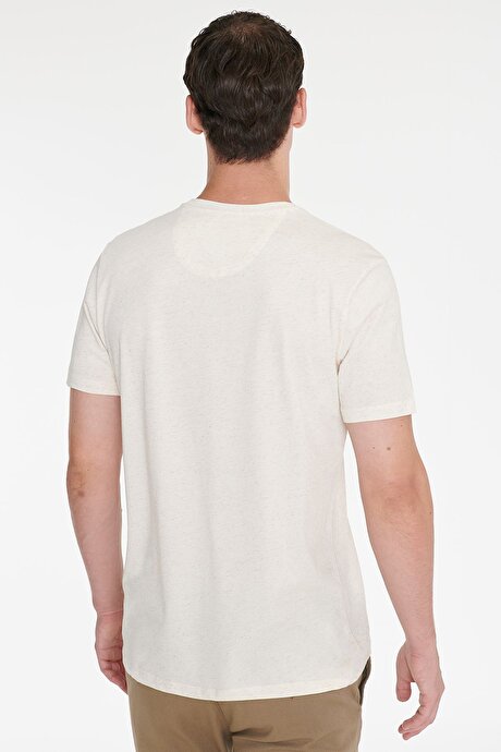 Pamuklu Keten Slim Fit Dar Kesim Bisiklet Yaka Bej Melanj Tişört resmi