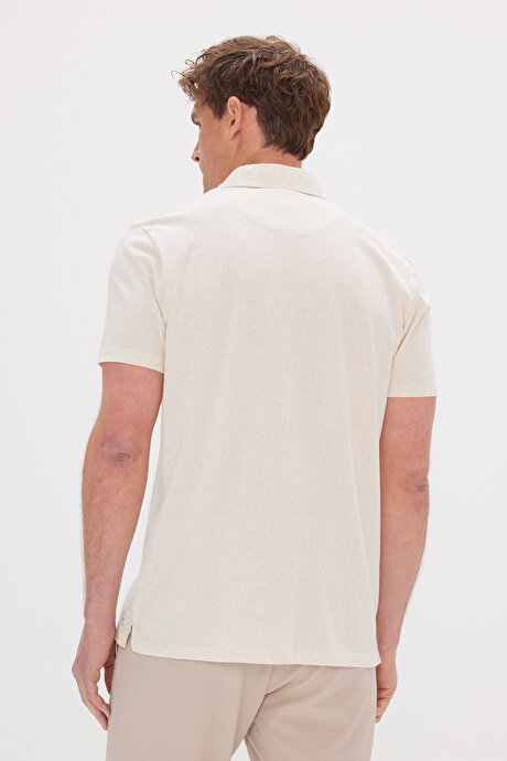 Pamuklu Keten Slim Fit Dar Kesim Polo Yaka Bej Melanj Tişört resmi