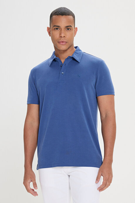 Slim Fit Dar Kesim Polo Yaka İndigo Tişört resmi
