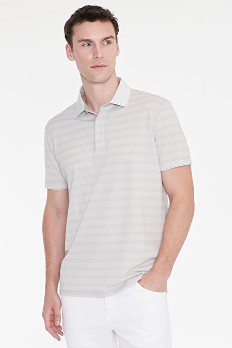 Pamuklu Slim Fit Dar Kesim Polo Yaka Çizgili Gri Tişört resmi