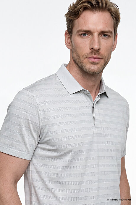 Pamuklu Slim Fit Dar Kesim Polo Yaka Çizgili Gri Tişört resmi