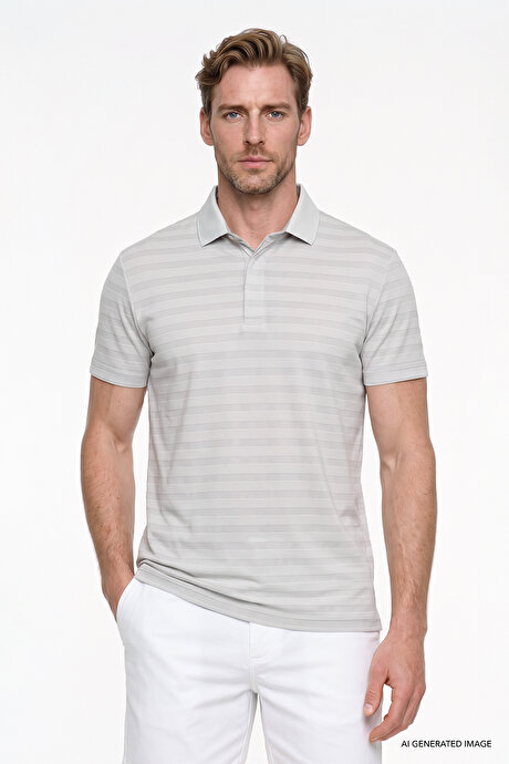 Pamuklu Slim Fit Dar Kesim Polo Yaka Çizgili Gri Tişört resmi