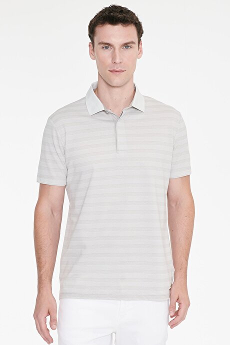 Pamuklu Slim Fit Dar Kesim Polo Yaka Çizgili Gri Tişört resmi