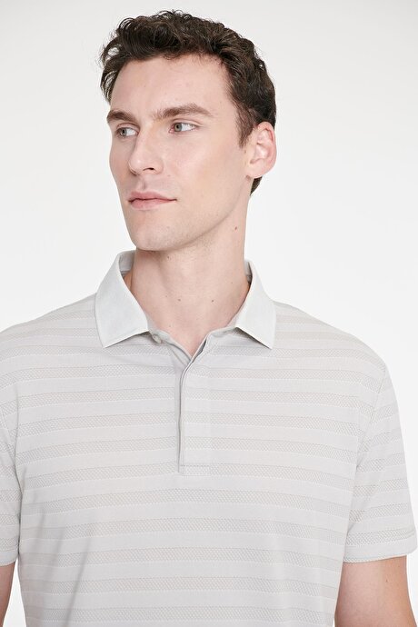Pamuklu Slim Fit Dar Kesim Polo Yaka Çizgili Gri Tişört resmi