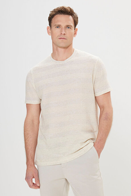 Keten Slim Fit Dar Kesim Bisiklet Yaka Çizgili Bej-Ekru Tişört resmi