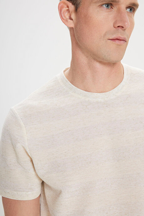 Keten Slim Fit Dar Kesim Bisiklet Yaka Çizgili Bej-Ekru Tişört resmi