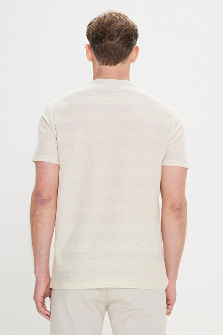 Keten Slim Fit Dar Kesim Bisiklet Yaka Çizgili Bej-Ekru Tişört resmi