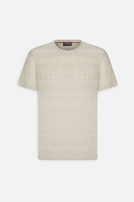 Keten Slim Fit Dar Kesim Bisiklet Yaka Çizgili Bej-Ekru Tişört resmi