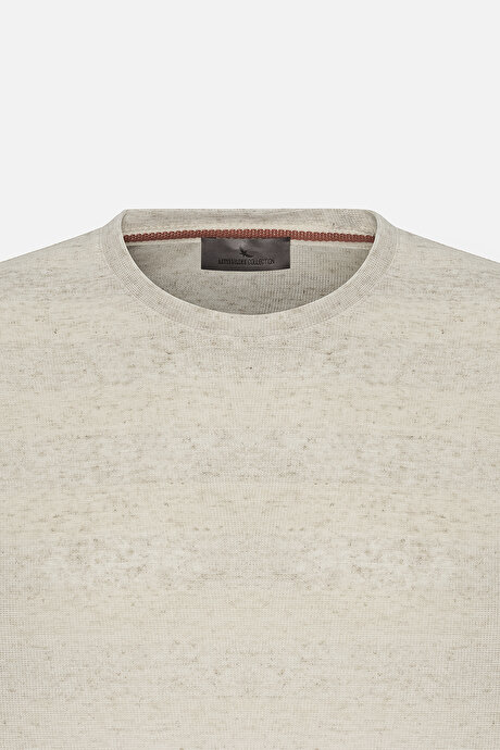 Keten Slim Fit Dar Kesim Bisiklet Yaka Çizgili Bej-Ekru Tişört resmi