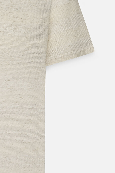 Keten Slim Fit Dar Kesim Bisiklet Yaka Çizgili Bej-Ekru Tişört resmi