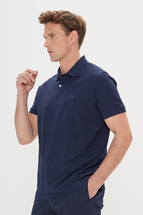 %100 Pamuk Slim Fit Dar Kesim Polo Yaka Jakarlı Lacivert Tişört resmi