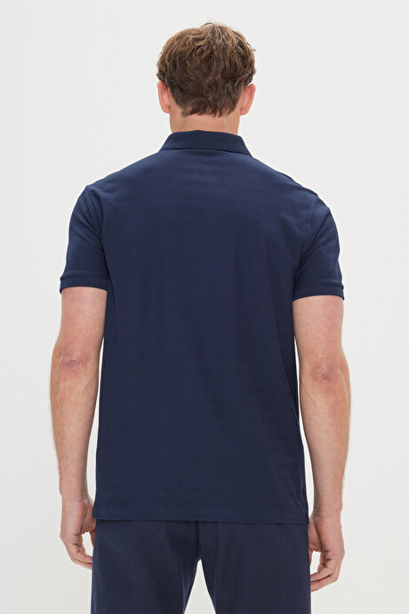 %100 Pamuk Slim Fit Dar Kesim Polo Yaka Jakarlı Lacivert Tişört resmi