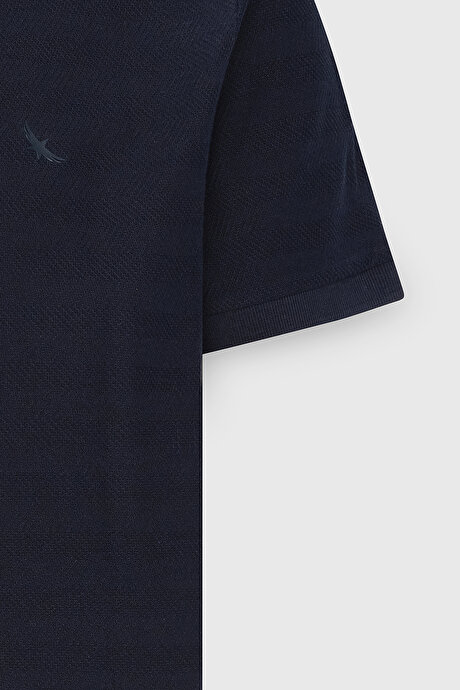 %100 Pamuk Slim Fit Dar Kesim Polo Yaka Jakarlı Lacivert Tişört resmi