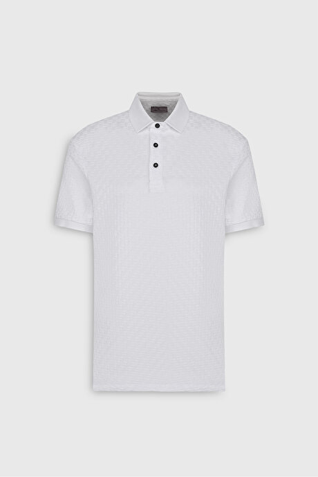 Slim Fit Dar Kesim Polo Yaka Jakarlı Beyaz Tişört resmi
