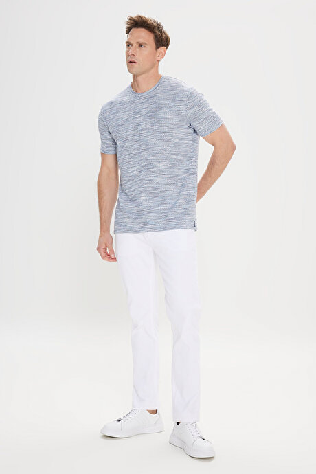 Slim Fit Dar Kesim Bisiklet Yaka Pamuklu Jakarlı Mavi Tişört resmi