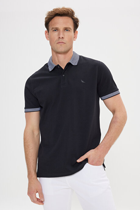 Slim Fit Dar Kesim %100 Pamuk Polo Yaka Siyah Tişört resmi