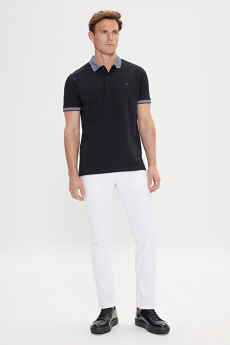 Slim Fit Dar Kesim %100 Pamuk Polo Yaka Siyah Tişört resmi