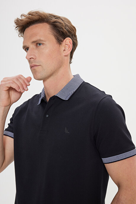 Slim Fit Dar Kesim %100 Pamuk Polo Yaka Siyah Tişört resmi