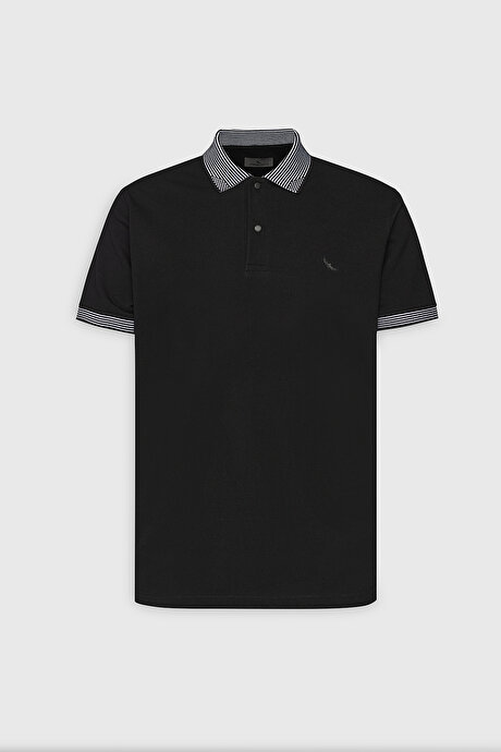 Slim Fit Dar Kesim %100 Pamuk Polo Yaka Siyah Tişört resmi