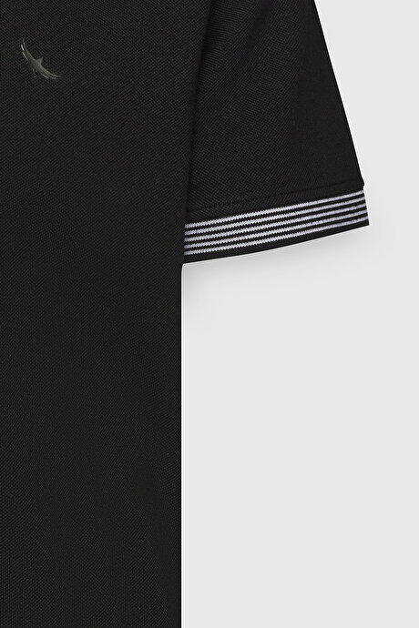 Slim Fit Dar Kesim %100 Pamuk Polo Yaka Siyah Tişört resmi
