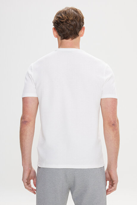 %100 Pamuk Slim Fit Dar Kesim Bisiklet Yaka Jakarlı Ekru Tişört resmi