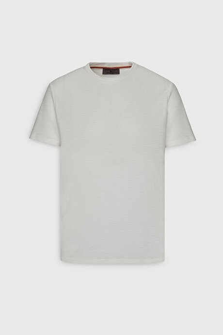 %100 Pamuk Slim Fit Dar Kesim Bisiklet Yaka Jakarlı Ekru Tişört resmi