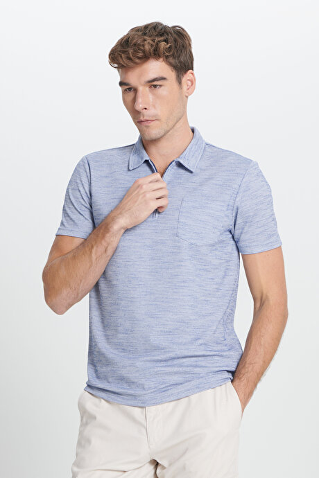Slim Fit Dar Kesim Polo Yaka Çizgili Cepli Lacivert Tişört resmi