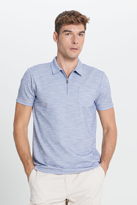 Slim Fit Dar Kesim Polo Yaka Çizgili Cepli Lacivert Tişört resmi