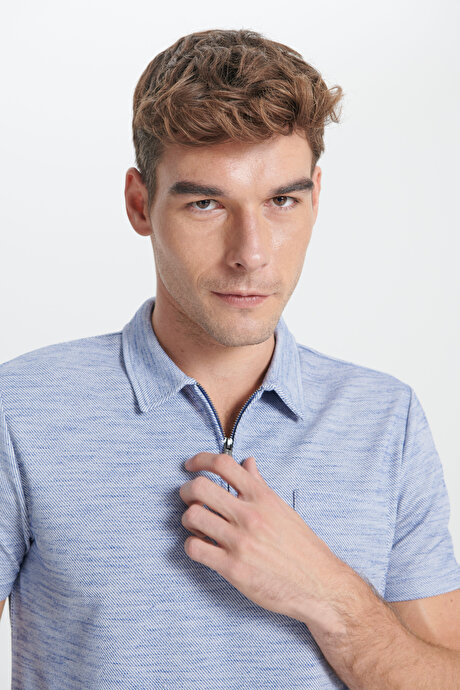 Slim Fit Dar Kesim Polo Yaka Çizgili Cepli Lacivert Tişört resmi