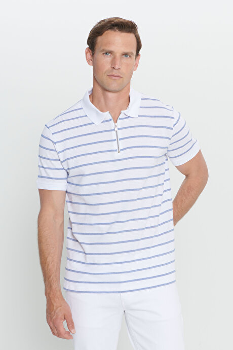 Slim Fit Dar Kesim Pamuklu Çizgili Polo Yaka Beyaz-Lacivert Tişört resmi