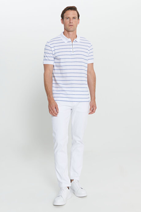 Slim Fit Dar Kesim Pamuklu Çizgili Polo Yaka Beyaz-Lacivert Tişört resmi
