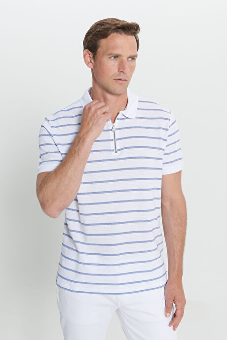 Slim Fit Dar Kesim Pamuklu Çizgili Polo Yaka Beyaz-Lacivert Tişört resmi