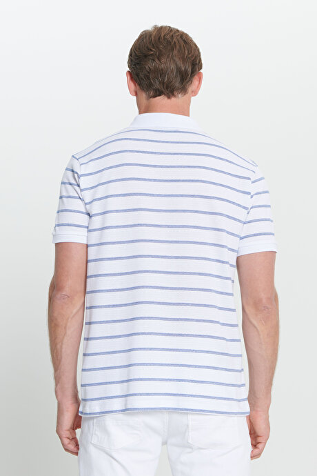 Slim Fit Dar Kesim Pamuklu Çizgili Polo Yaka Beyaz-Lacivert Tişört resmi