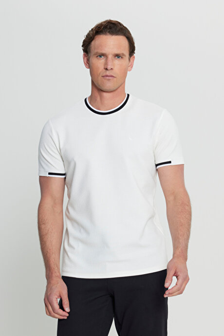 Slim Fit Dar Kesim Bisiklet Yaka Jakarlı Beyaz Tişört resmi