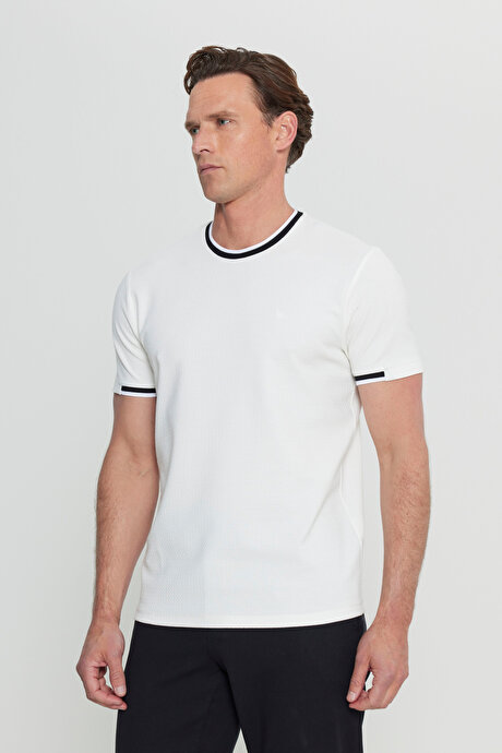 Slim Fit Dar Kesim Bisiklet Yaka Jakarlı Beyaz Tişört resmi